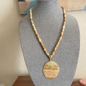 Vintage Artisan Carved Onyx Stone Beads & Pendant Necklace